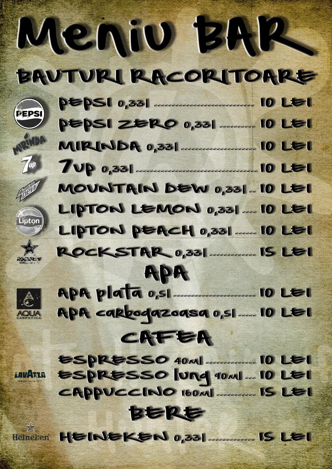 Meniul barului Paintball Hunter — băuturi răcoritoare, cafea, bere
